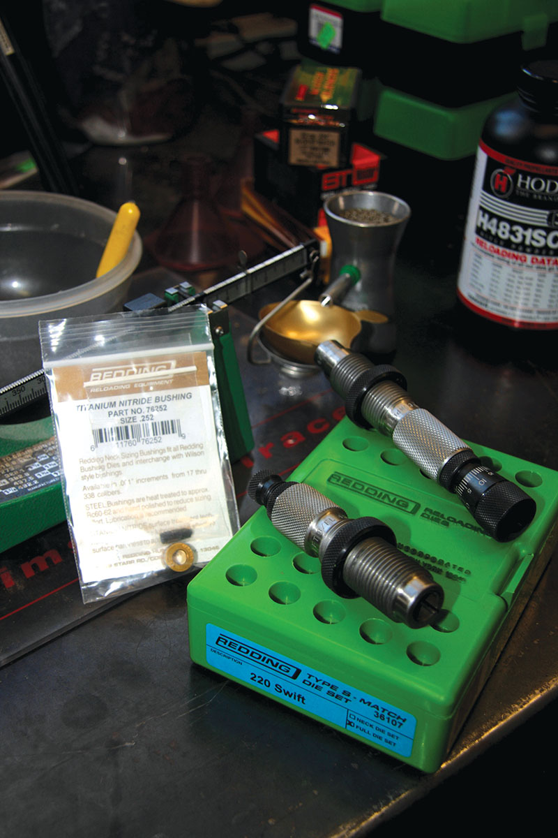 A Redding Type S Match Die Set was used for all loads. The Competition Bullet Seating Die accepts Titanium Nitride Bushings in .001-inch increments to optimize chamber fit and includes a bullet-seating dial with .001-inch increments.