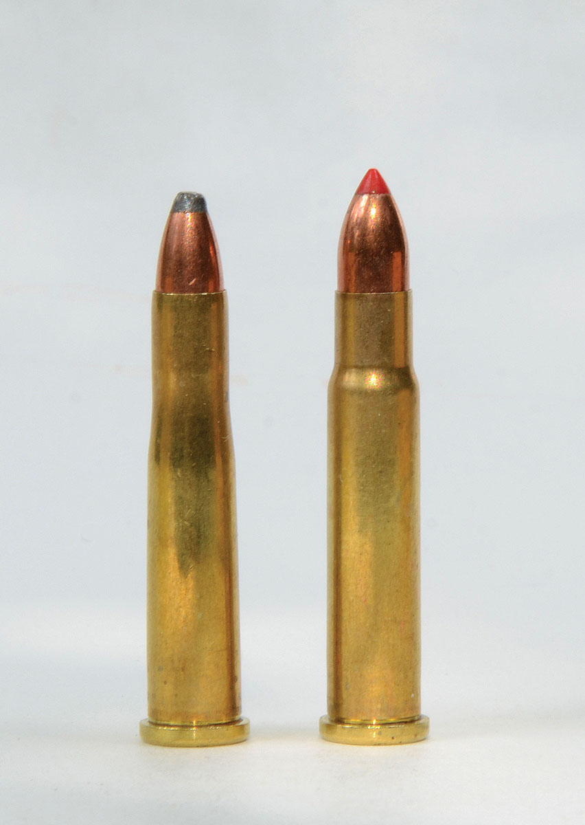 Niedner’s 22 Hornet Improved at right has less body taper and a sharper should angle than the standard 22 Hornet at left. Cases are easily formed by firing 22 Hornet ammunition in the improved chamber.