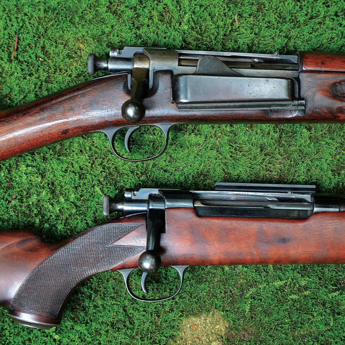 Transforming a military-surplus Krag (top) into a custom varmint rifle (bottom) required a great deal of work, but it was the only readily available turn-bolt action at the time.