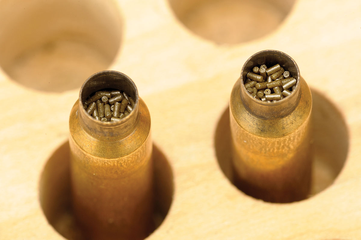 Be careful while charging small capacity cases. The case at left contains 17.0 grains, while the case at right contains 17.5 grains.