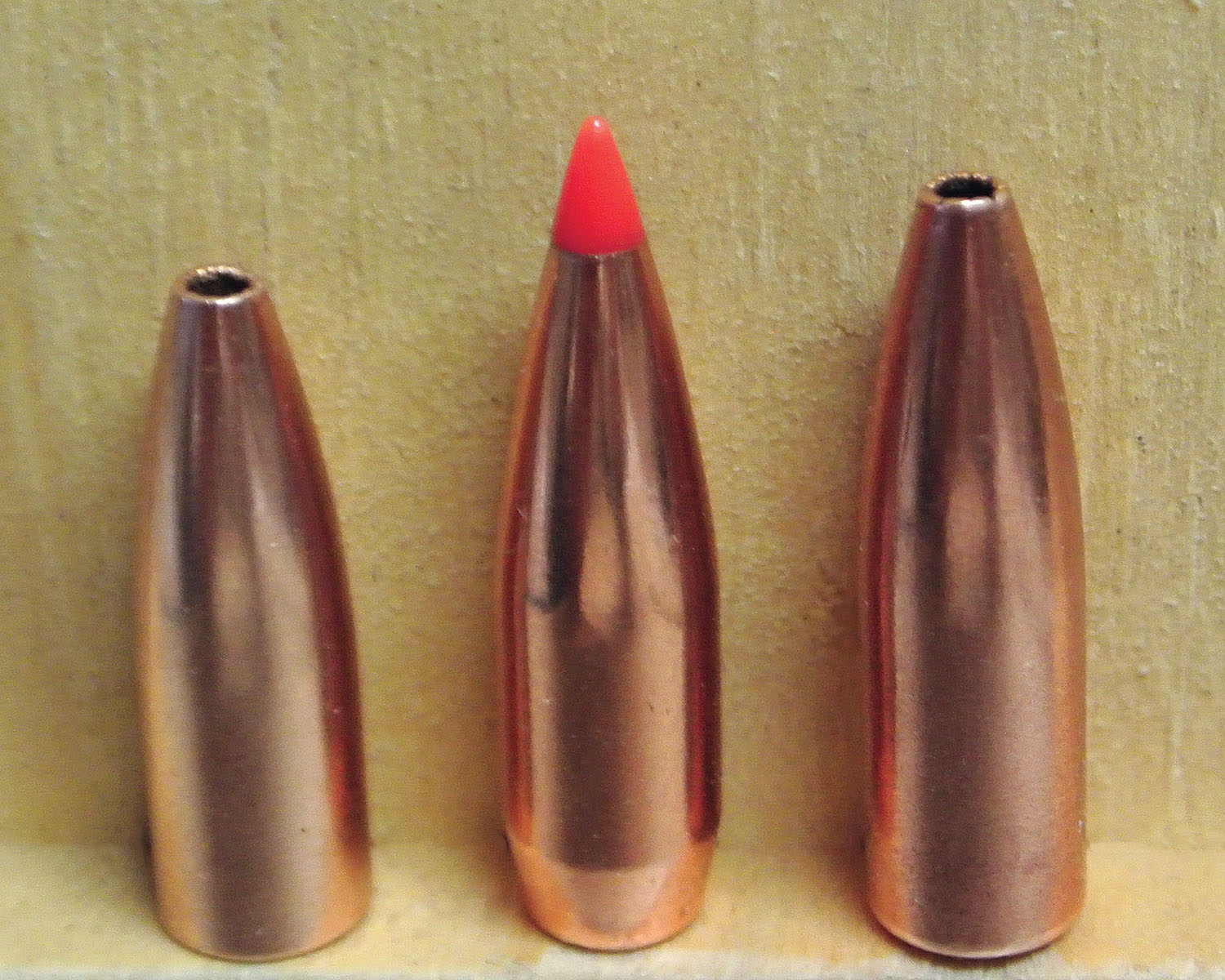 There are few dedicated .264-inch varmint bullets. Those tested include (left to right): the Sierra 85-grain Varminter, Hornady 95-grain V-MAX and the Sierra 100-grain Varminter.