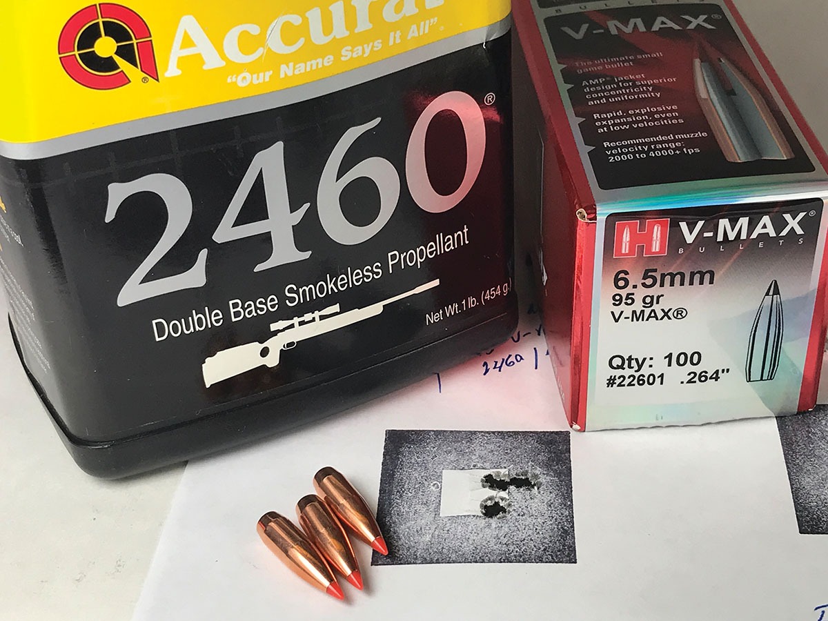 Hornady 95-grain V-MAX bullets paired with Accurate 2460 powder provided this group at 100 yards.