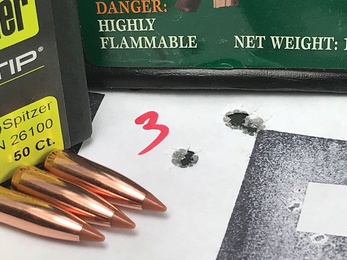 The Howa MiniAction shot Nosler 100-grain Ballistic Tips loaded over TAC powder to form this group at 100 yards.