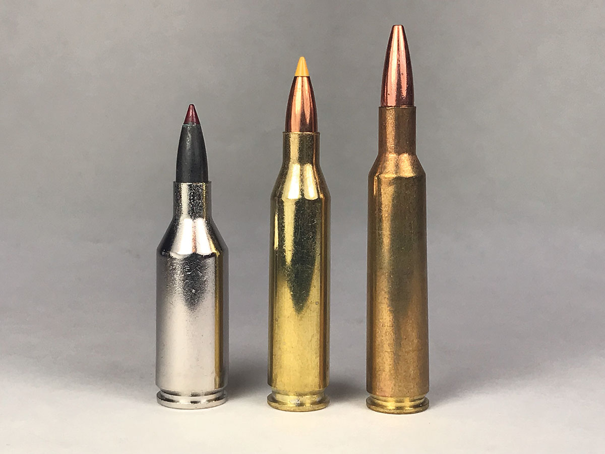 The 243 WSSM (left) is rather short compared to the 243 Winchester (center) and 6mm Remington (right).