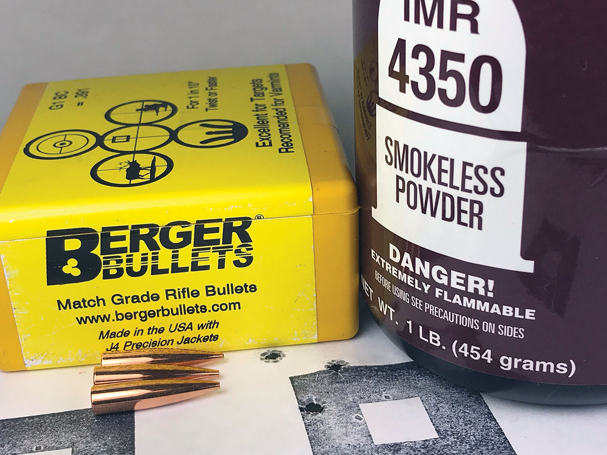 Berger 88-grain Varmint High BC FB bullets paired with IMR-4350 resulted in this group at 100 yards.