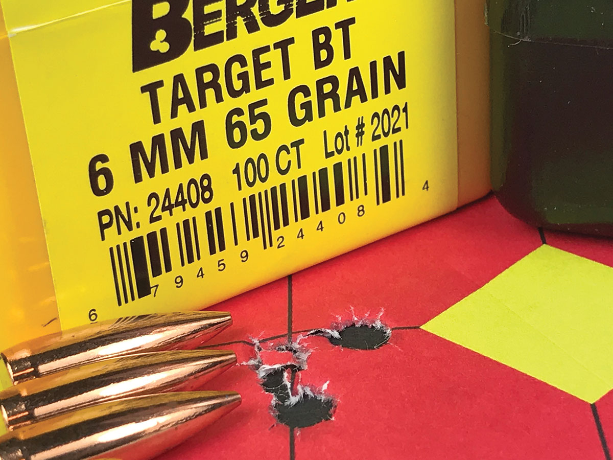One of the most accurate 243 WSSM handloads consisted of Berger 65-grain bullets and Vihtavuori N150 powder. This group was shot at 100 yards.