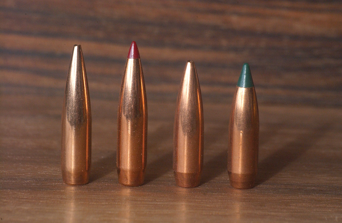 Four sleek bullets used for testing the 25-06 include the (left to right): Berger 115-grain VLD Hunting, Hornady 110 ELD-X, Sierra 100 MatchKing HPBT and the Sierra 90-grain BlitzKing.