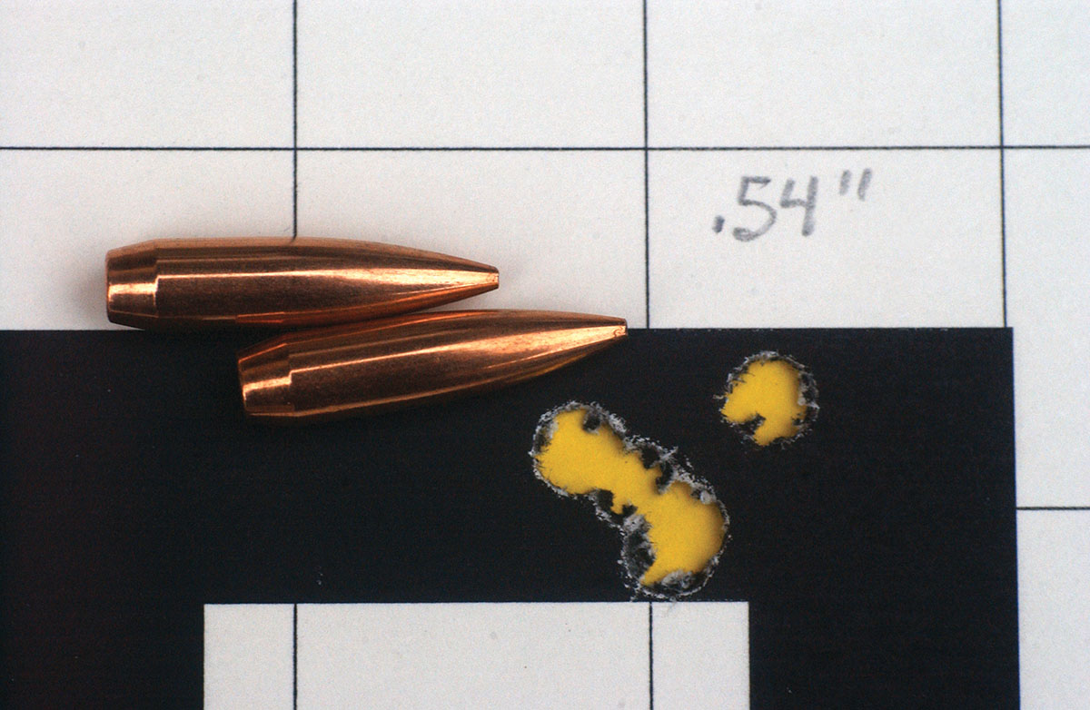The best group measured .54 inch with 55.5 grains of Vihtavuori N165 and Sierra 100-grain Match-King bullets. This bullet was shot into dry newspaper and expansion was immediate, but the base of the bullet and a small piece of lead penetrated more than a foot.