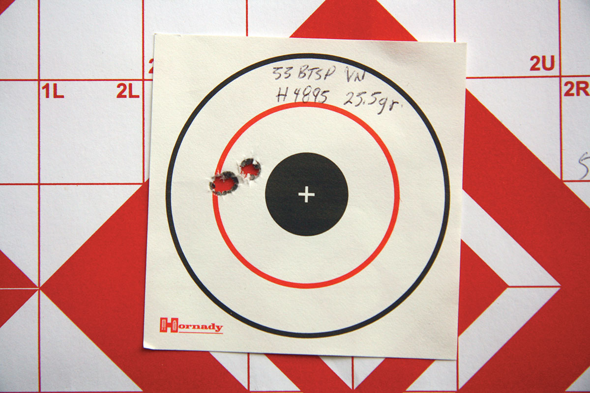 Hodgdon’s H-4895 proved versatile in the 223 Remington by producing tight groups with bullets from 50 to 69 grains. One highlight included a 55-grain Midsouth Shooters Supply Varmint Nightmare BTSP over a 25.5-grain charge.