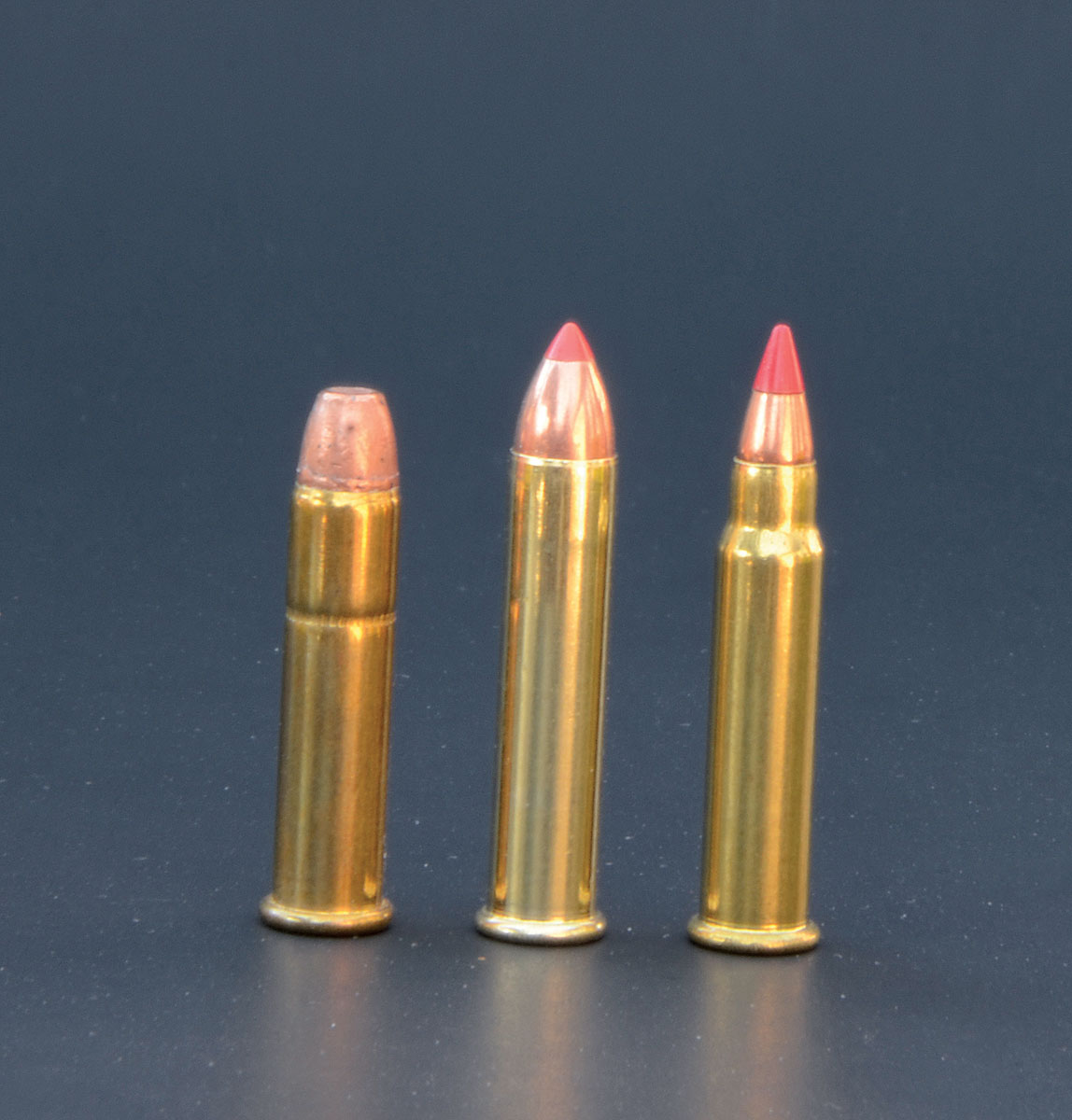 Winchester created the 22 Winchester Magnum Rimfire (center) in 1959 by lengthening the case of the 1890 vintage 22 Winchester Rimfire (left). The 17 Hornady Magnum Rimfire (right) is the 22 WMR case necked down.