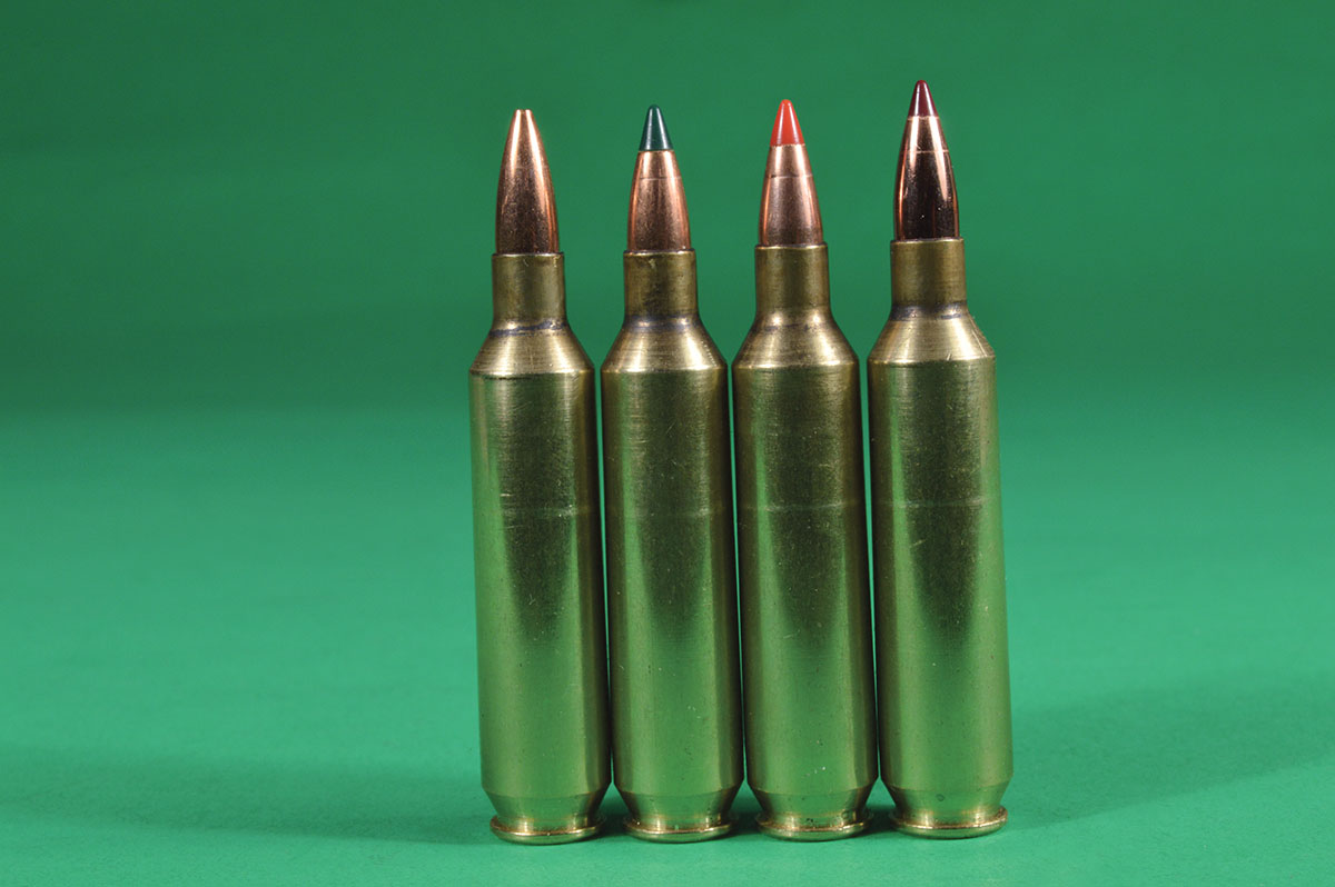 Heavy varmint bullets used in developing load data include (left to right): a Berger 35-grain Varmint, Sierra 39 BlitzKing, Hornady 40 V-MAX and a Nosler 40-grain Ballistic Tip Varmint.