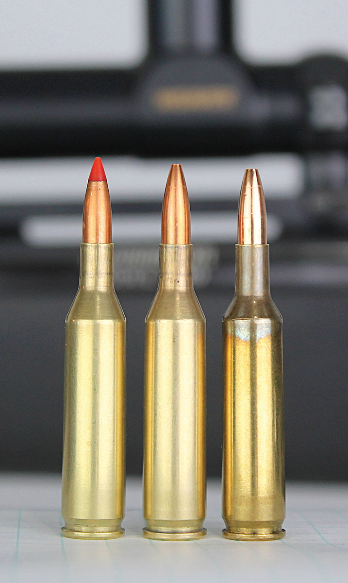 The two cartridge cases on the left, loaded with Hornady bullets, have been fired once. The one on the right, with a Berger bullet, is unfired. The difference in the fired and unfired case dimensions at shoulder and neck show the difference between the rifle chamber and the dies.