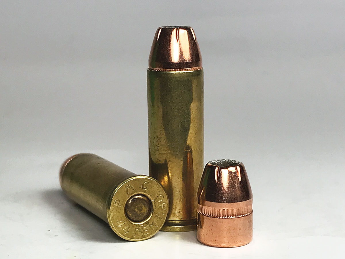 A Hornady 200-grain HP/XTP bullet shoots plenty flat when fired from a 44 Magnum carbine to hit small game out to 75 yards or so.