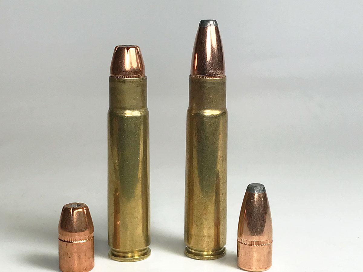 A 158-grain bullet (left) is a good option for small-game hunting with the 35 Remington. A Speer 180-grain bullet (right) works too, but recoil is a bit stiff.