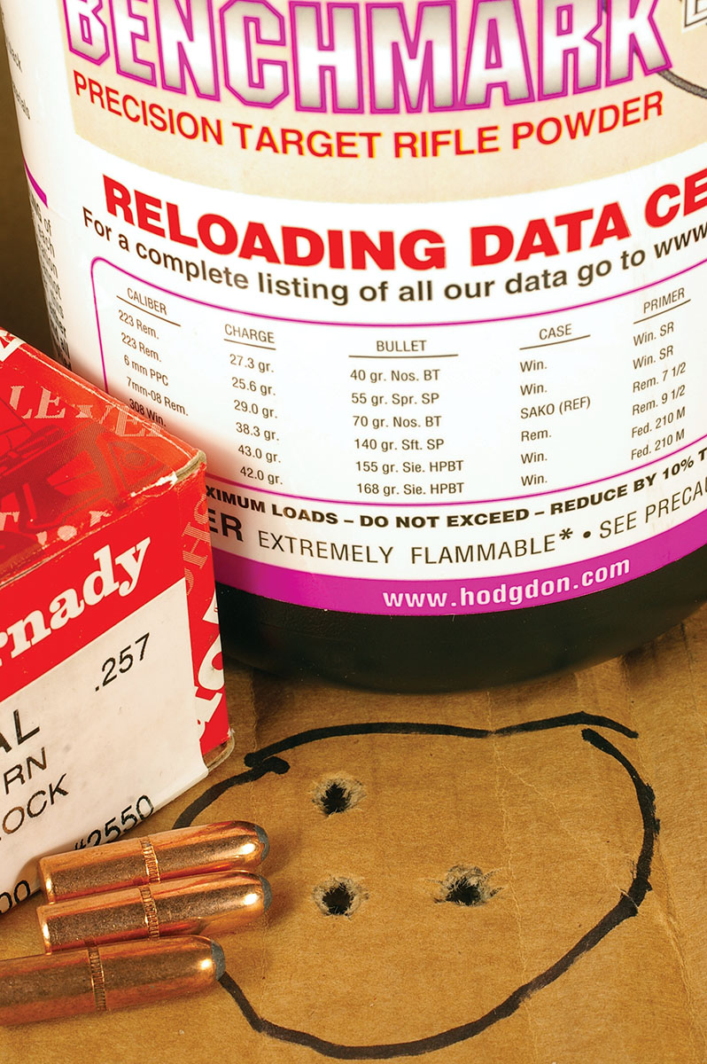 Hornady 117-grain InterLock RN bullets handloaded with Benchmark combined for this group at 50 yards from a Winchester Model 1895 .25-35.