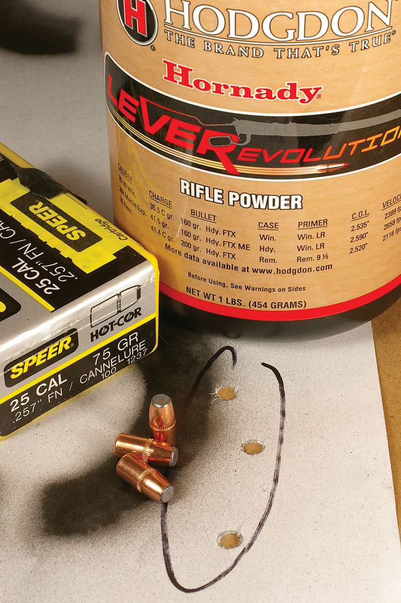 Speer 75-grain bullets and LEVERevolution powder resulted in this group at 50 yards from a Winchester Model 1895 .25-35.