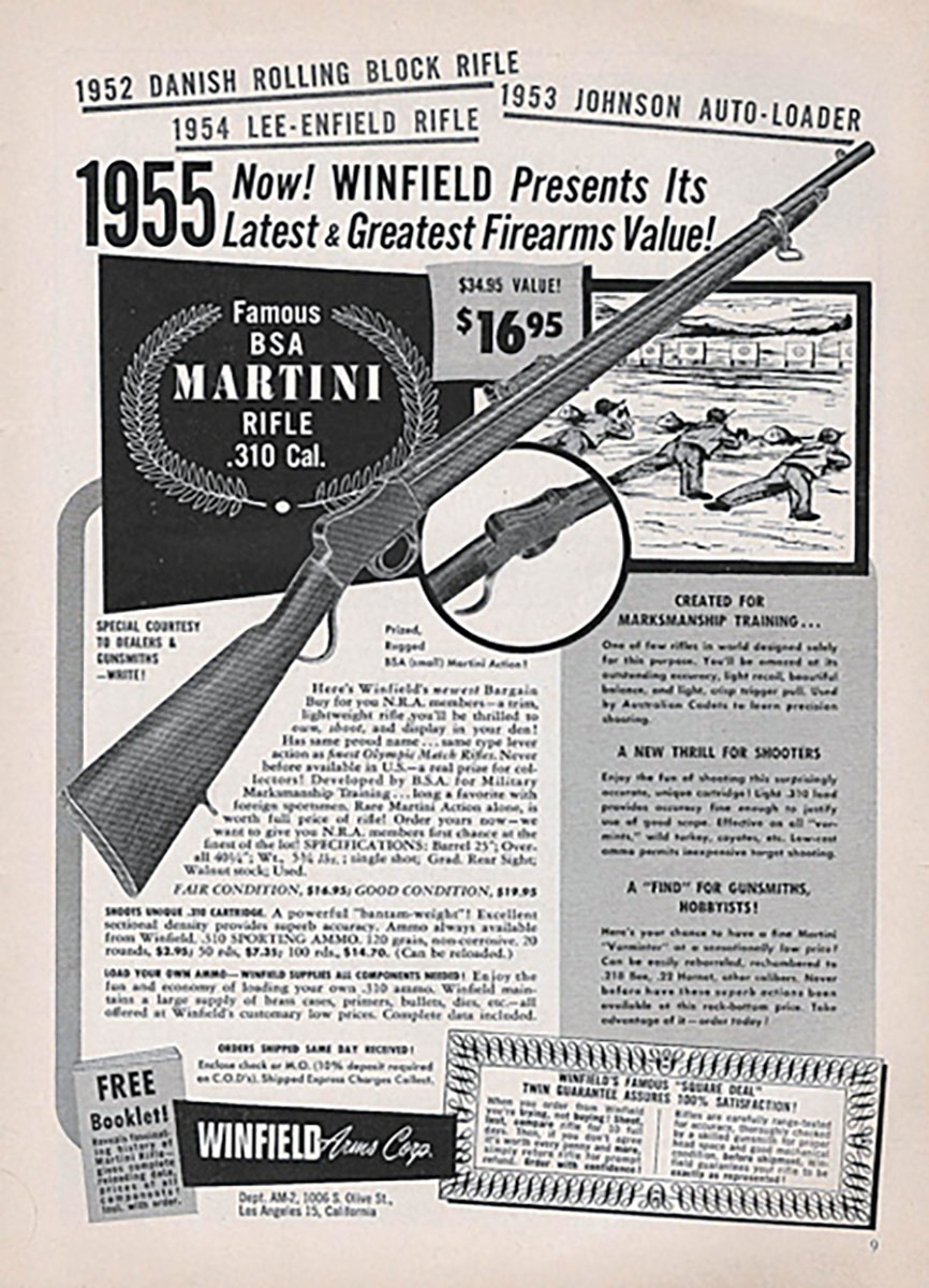 This Winfield Arms advertisement in a 1955 American Rifleman has the Martini Cadet rifle priced at $16.95. It was also available rechambered to 32 Winchester Special.