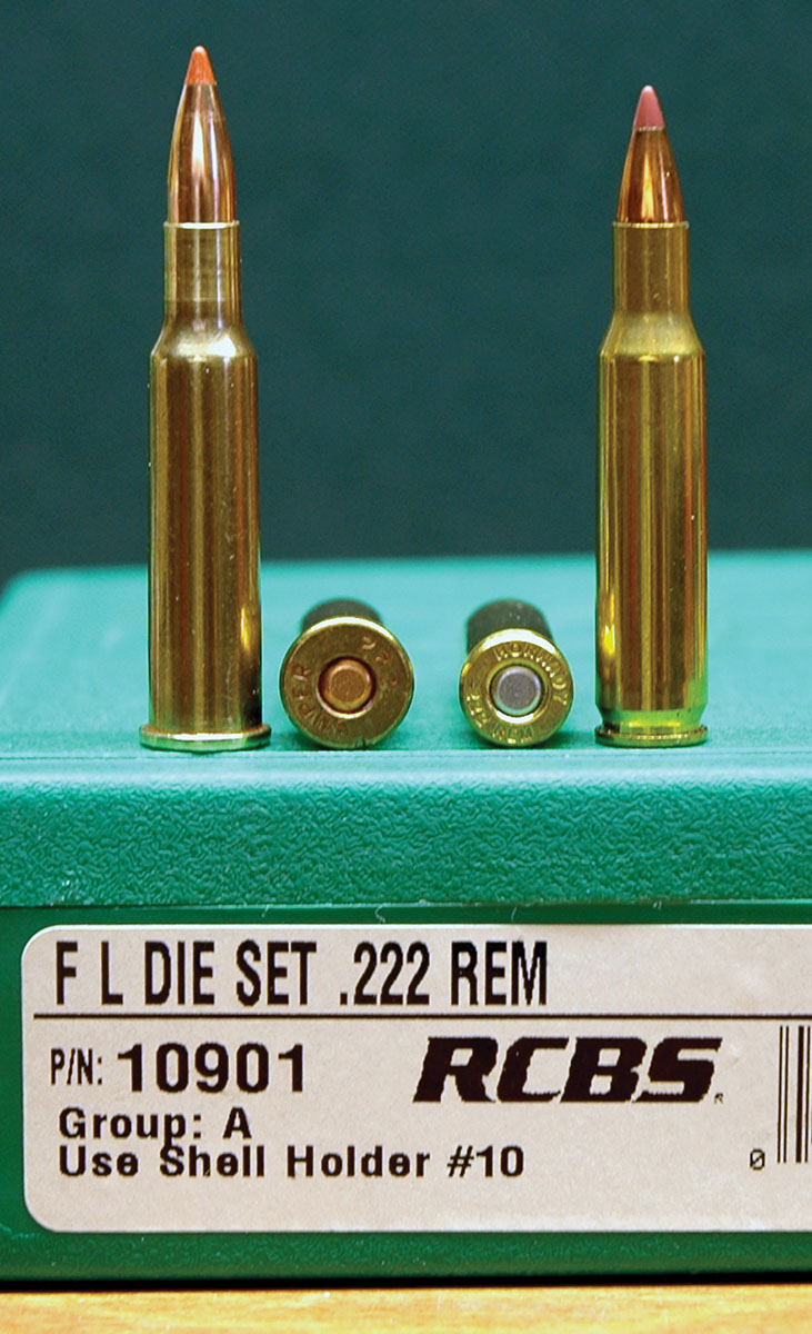 A standard 222 Remington die set and a 38 Special/357 Magnum shell holder are all that’s needed for loading the 222 Rimmed case. From left: (1) 222 Rimmed cartridge, (2) head of 222 Rimmed, (3) head of 222 Remington cartridge, (4) 222 Remington cartridge.