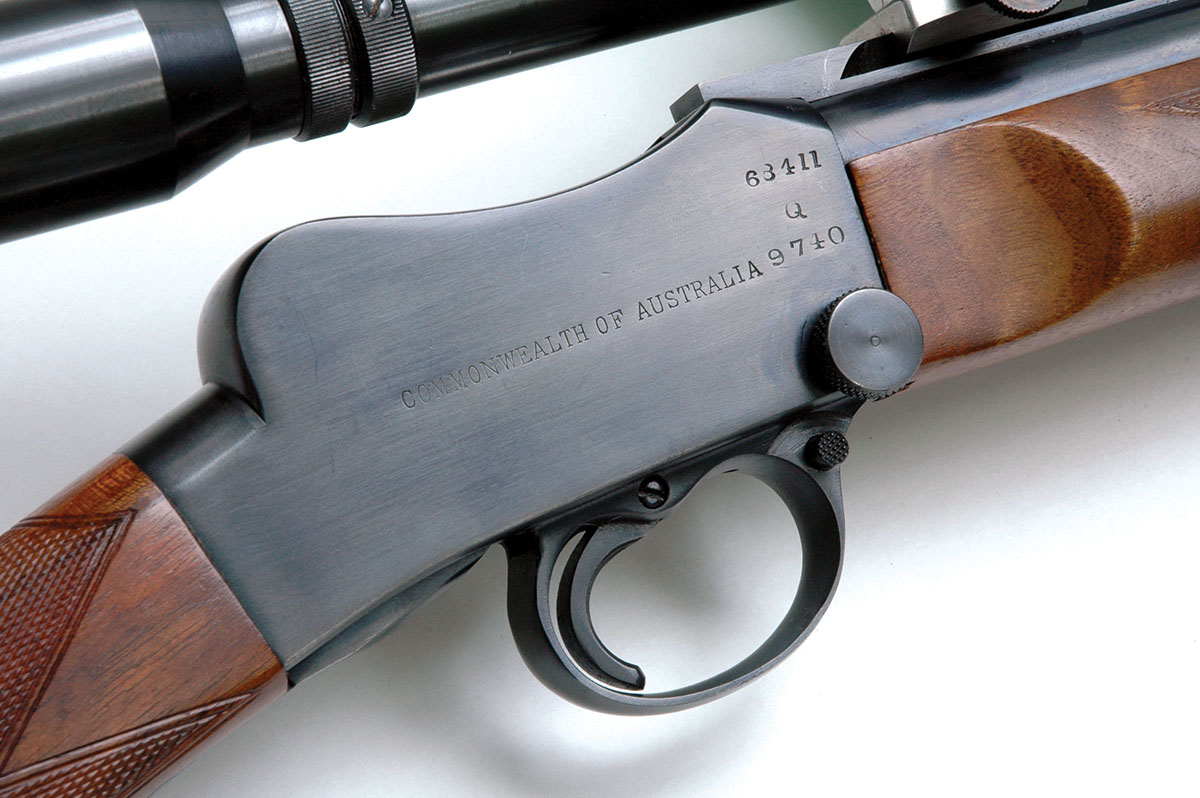 With the exception of its quick-detachable inner frame, the Cadet action is a scaled down version of the Peabody-Martini action, which was chambered for the British .577/.450 cartridge. Removing the factory markings would have thinned the receiver walls so Layne chose to leave them.