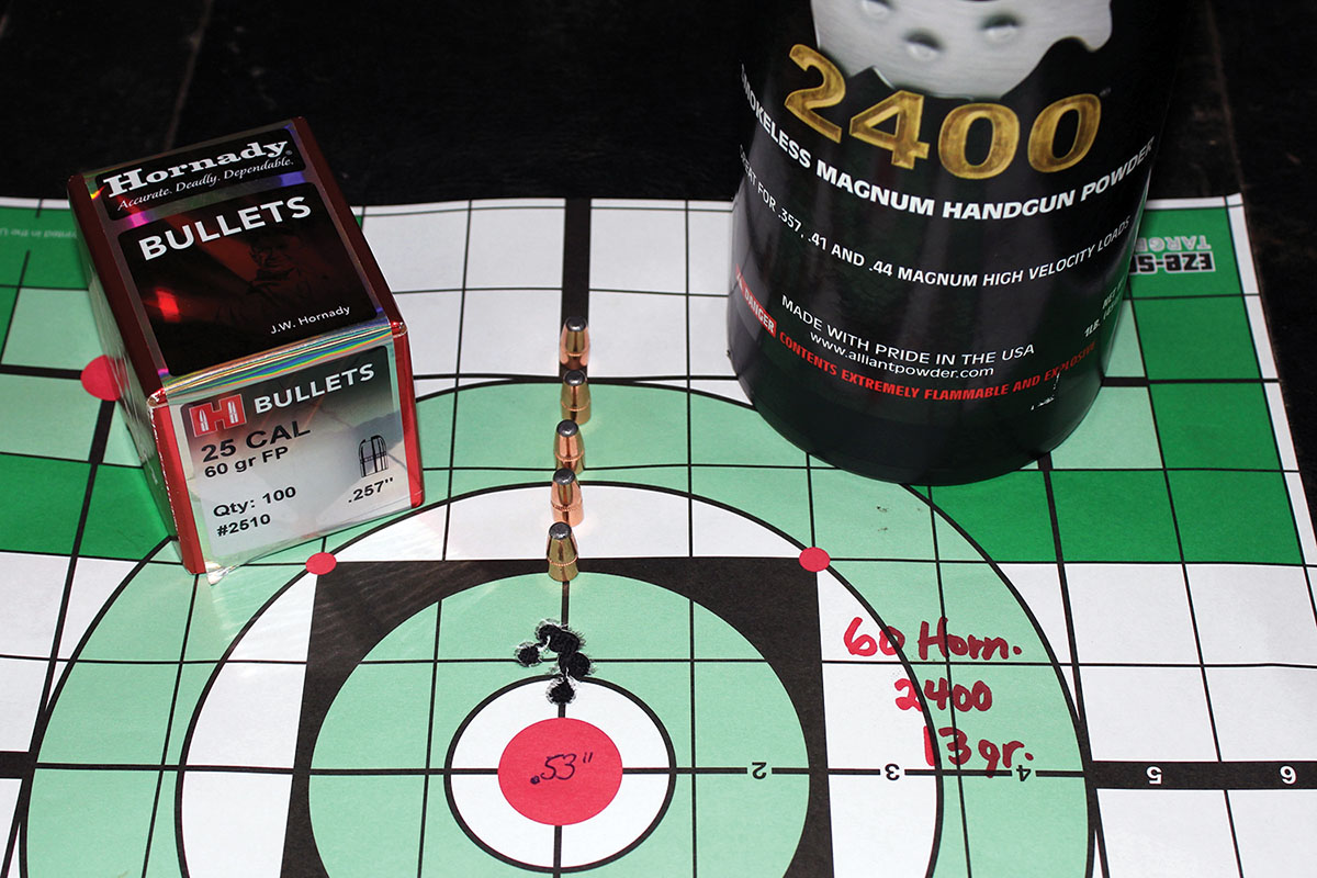 Hornady’s 60-grain flatpoint is a .256 Winchester Magnum original. Thirteen grains of Alliant 2400 resulted in a .53-inch group at 2,541 fps.