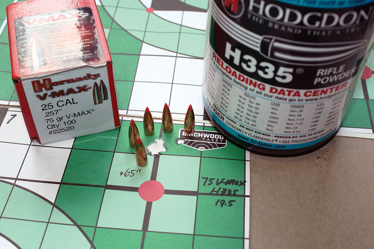 A Hornady 75-grain V-MAX bullet loaded with 19.5 grains of H-335 showed great promise, with five shots at 100 yards grouping into .65 inch despite a single flier.