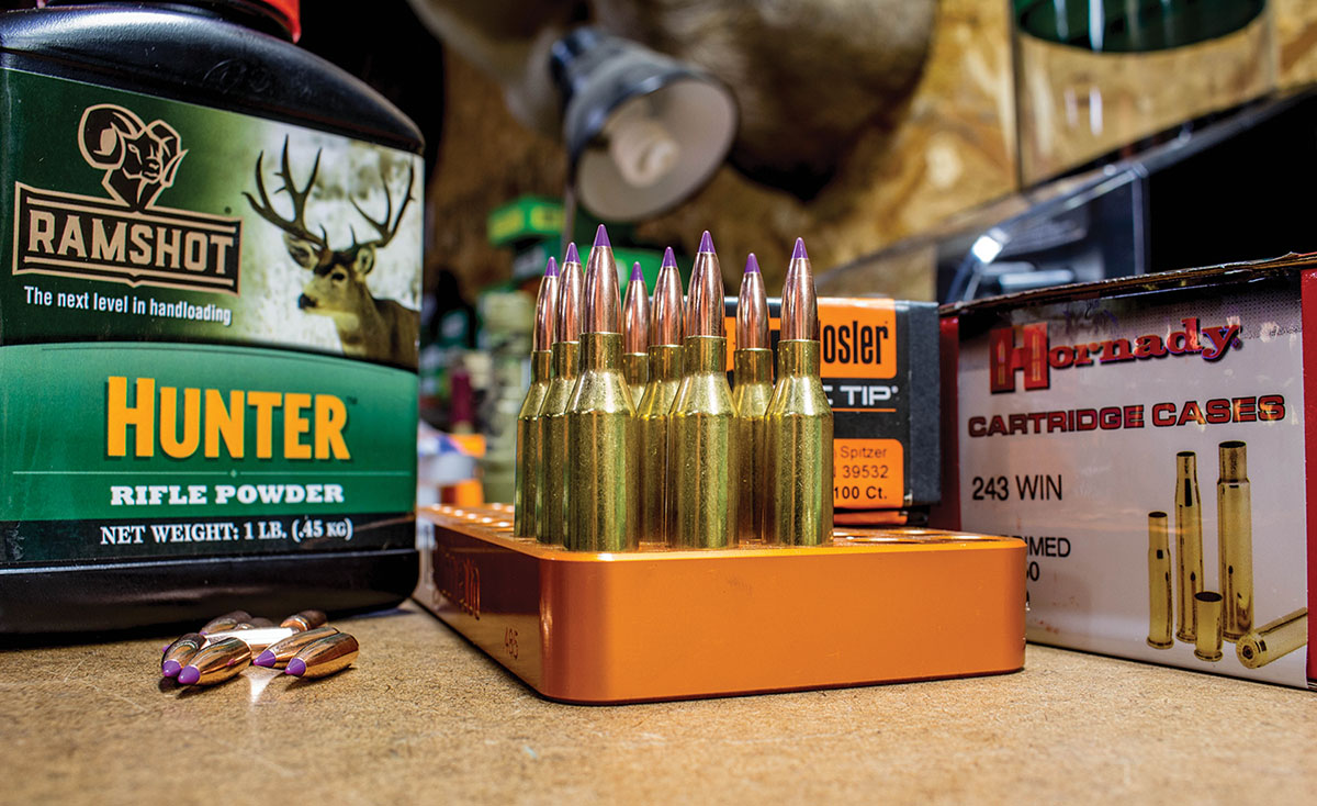 Nosler 70-grain Ballistic Tip Varmint bullets in the .243 Winchester shot well when loaded with Ramshot Hunter powder in Hornady cases.