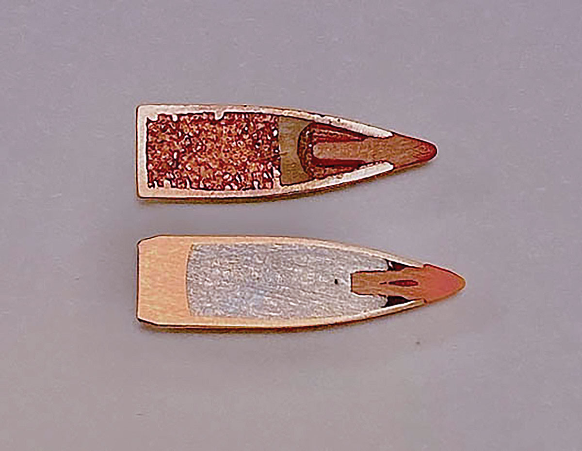 A sectioned view of Nosler Ballistic Tip Varmint Lead Free (top) and standard Ballistic Tip Varmint (bottom).