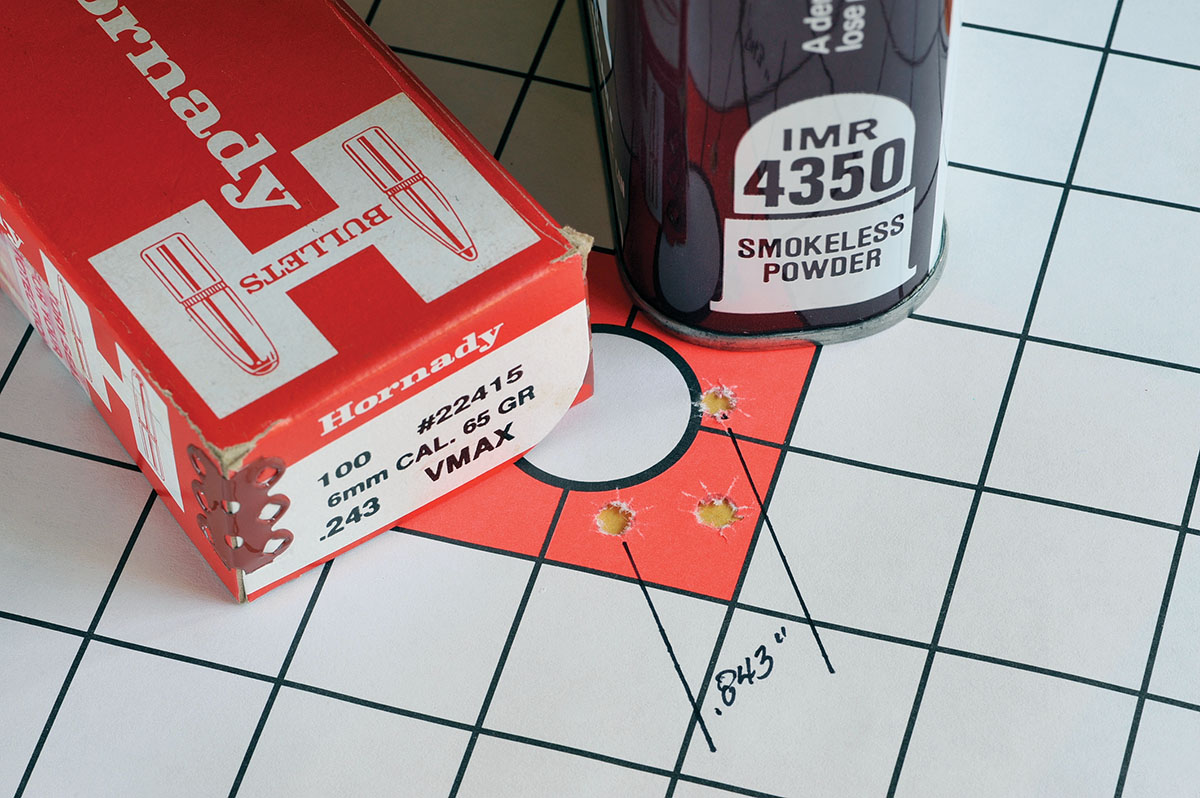 Hornady 65-grain V-MAX bullets grouped into .843 inch.
