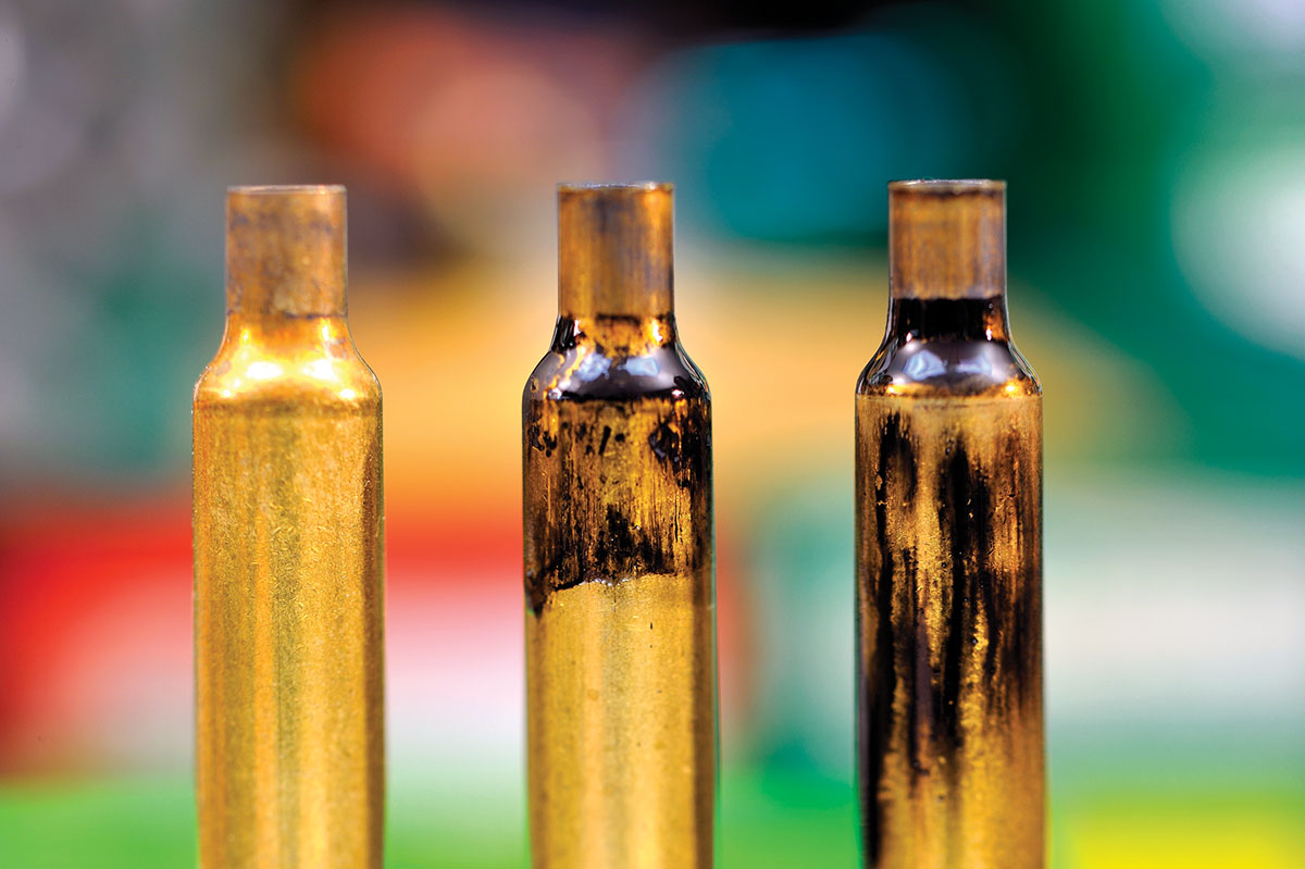 Stan prefers to full-length size and neck size only. While neck sizing, the die does not make contact with the shoulder of the case as it does with the middle example. With the aid of the soot of a candle, this is a good way to check to see if both you and the die are doing everything right.