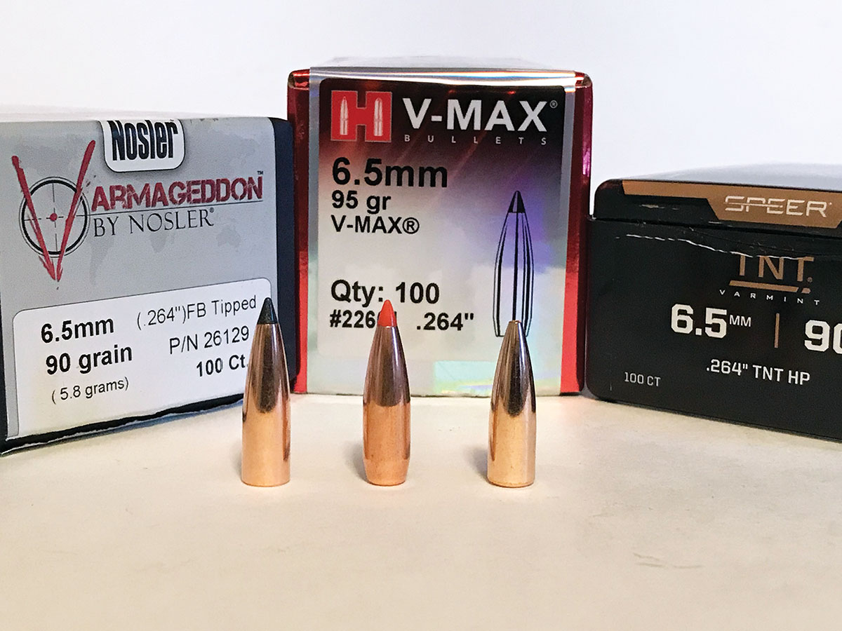 The selection is rather thin for true varmint bullets for the 6.5 Creedmoor. These representative bullets include (from left) the Nosler 90-grain Varmageddon, Hornady 95-grain V-MAX and Speer 90-grain TNT HP.