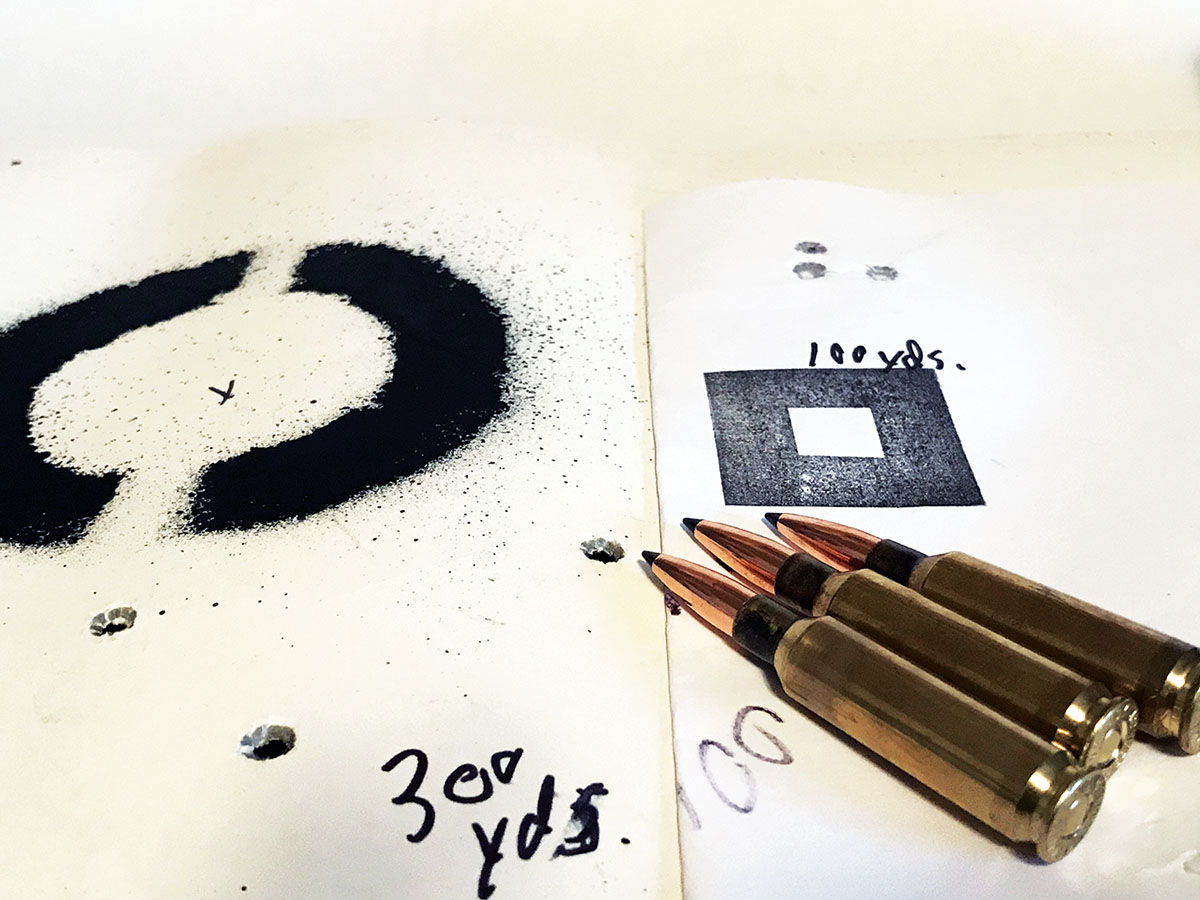 Nosler 90-grain Varmageddon bullets provided these groups at 100 and 300 yards.