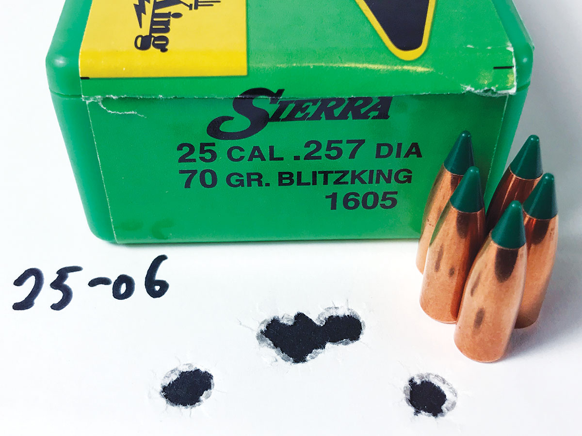 Sierra 70-grain BlitzKing bullets fired with a light amount of Varget provided this group from a Ruger M77 .25-06 Remington.