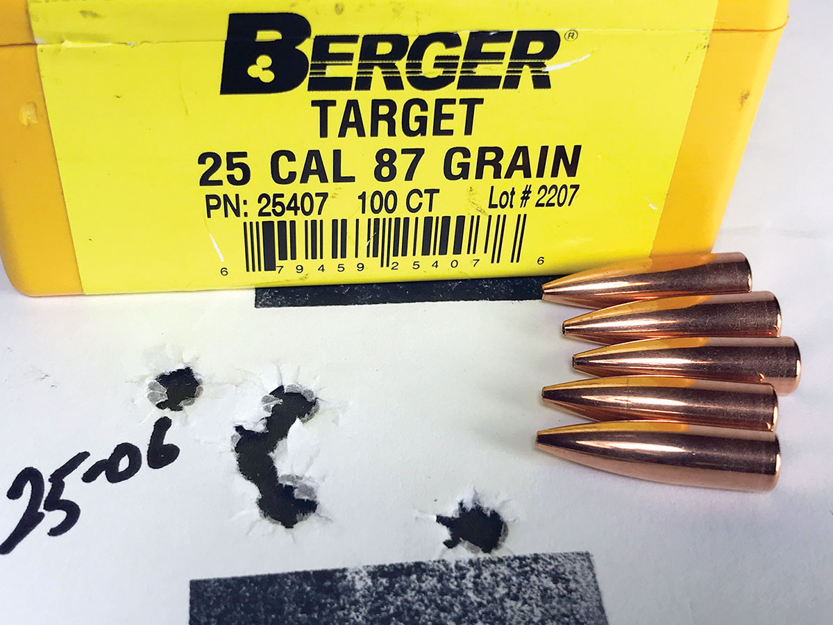 Berger 87-grain bullets provided this group from a Ruger M77 25-06 Remington.