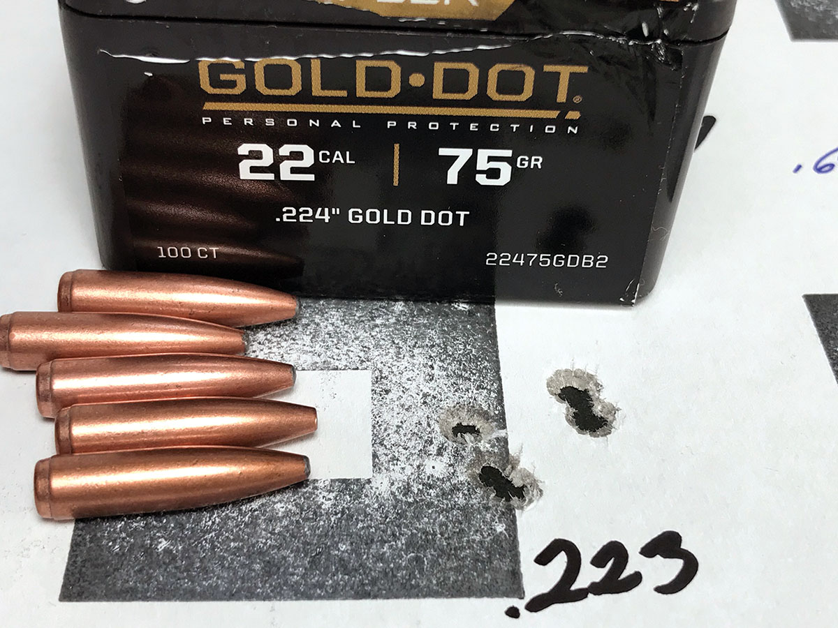 A Savage Predator Hunter 223 Remington printed this group shooting Varget paired with Speer 75-grain Gold Dot bullets.