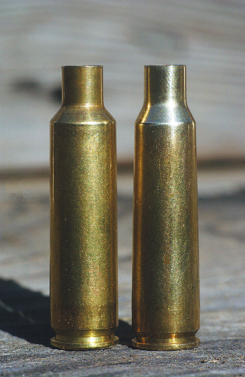 The 250 Ackley Improved (left) is shown next to its parent case. The improved version increases case capacity by about 14 percent by eliminating nearly all body taper and sharpening the shoulder to 40 degrees.