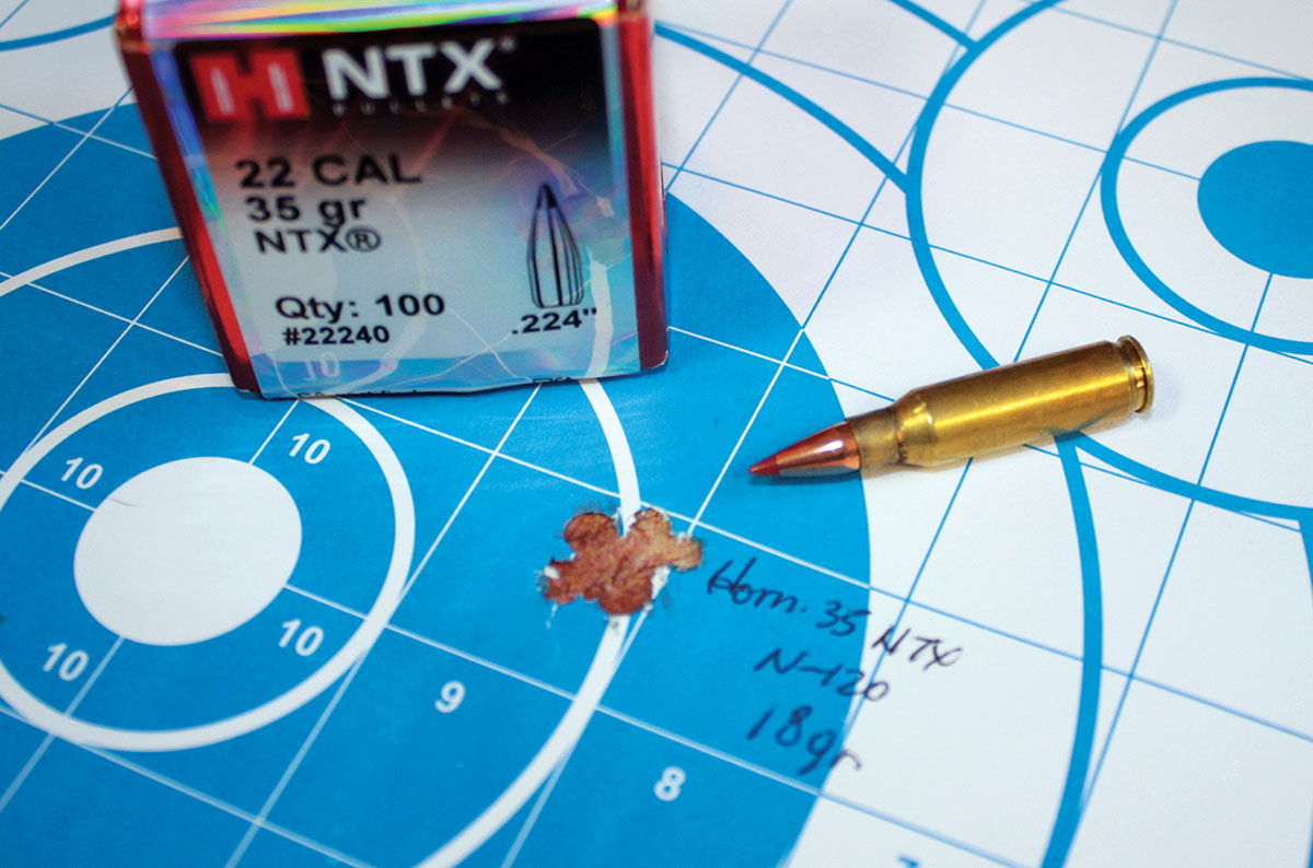 Eighteen grains of Vihtavuori N-120 beneath Hornady’s 35-grain NTX bullet produced impressive velocity and a tight .35-inch, five-shot group.