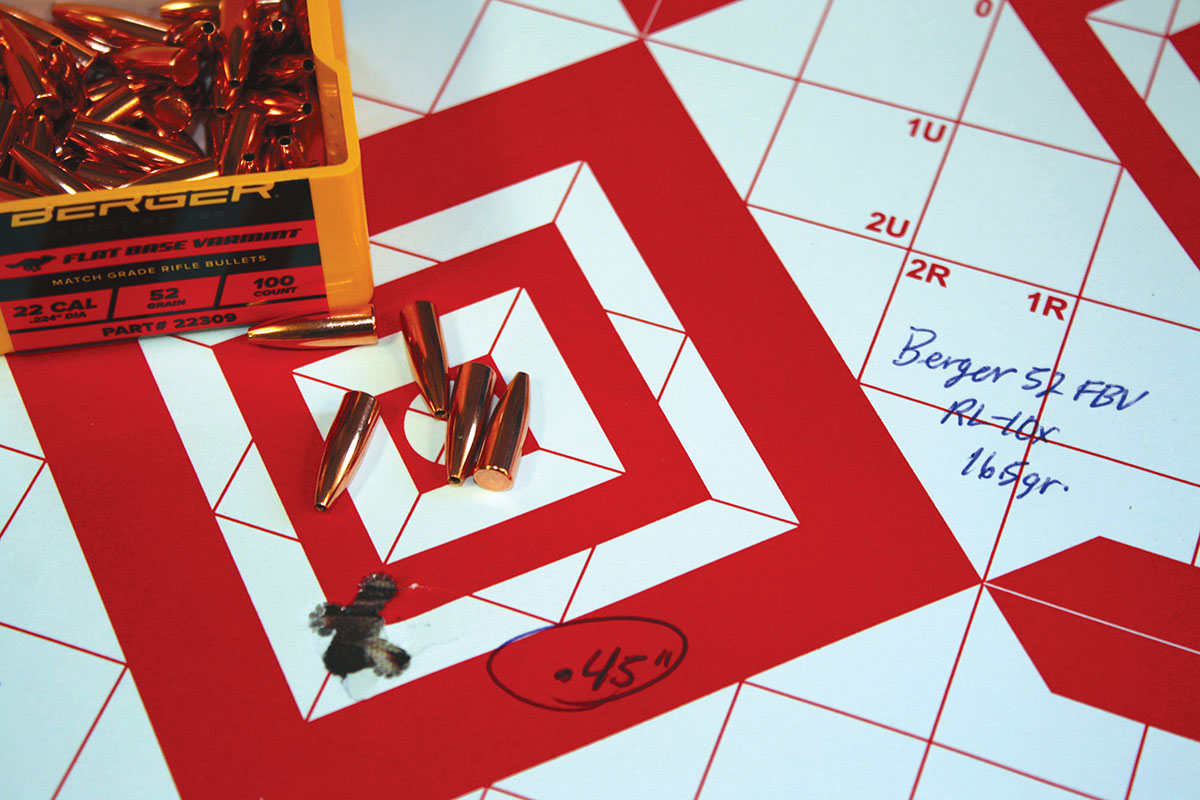 Berger’s 52-grain Flat Base Varmint propelled by 16.5 grains of Alliant Reloder 10x produced an impressive .45-inch, five-shot group from the Remington 788 rifle.