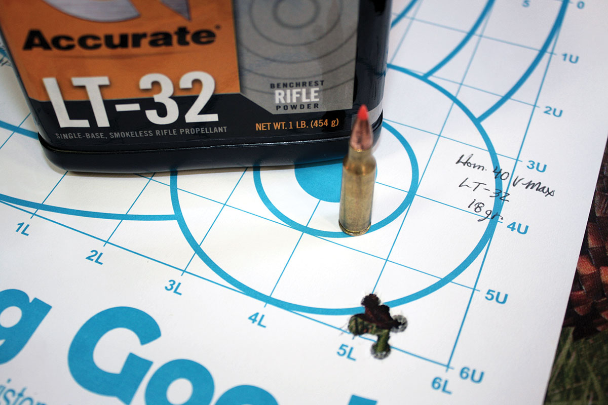 If accuracy alone is the goal, a relatively slow load combination of a Hornady 40-grain V-MAX with 18 grains of Ramshot LT-32 produced consistent precision.