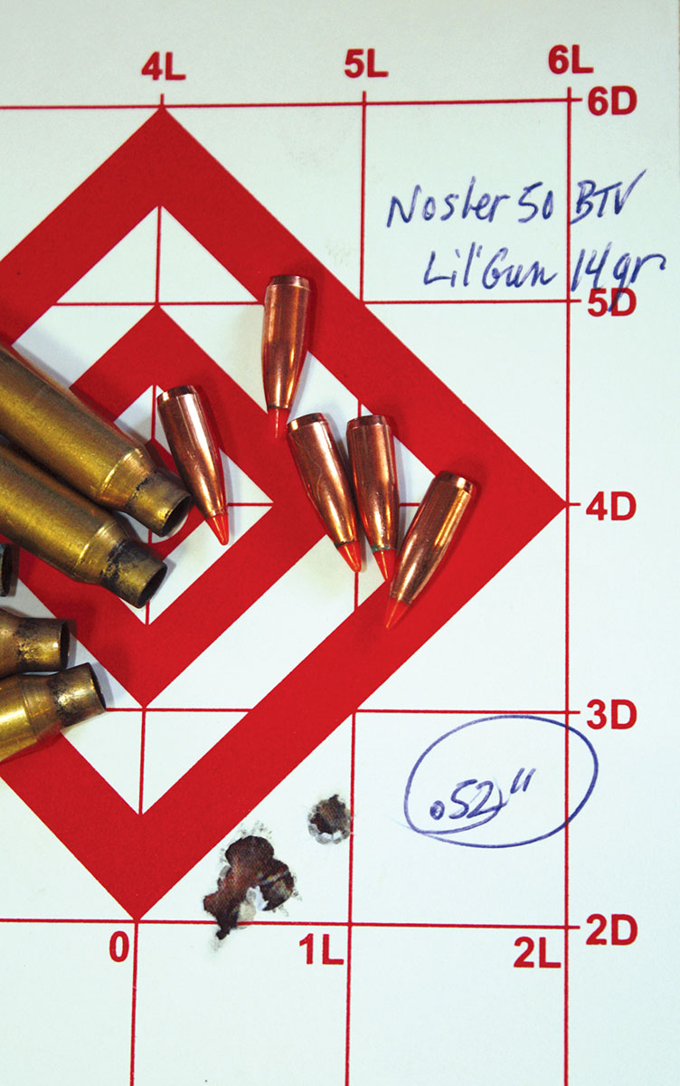 Hodgdon’s Lil’Gun proved an excellent 221 Remington Fireball performer, producing this .52-inch, five-shot group with 14 grains pushing a 50-grain Nosler Ballistic Tip Varmint bullet.
