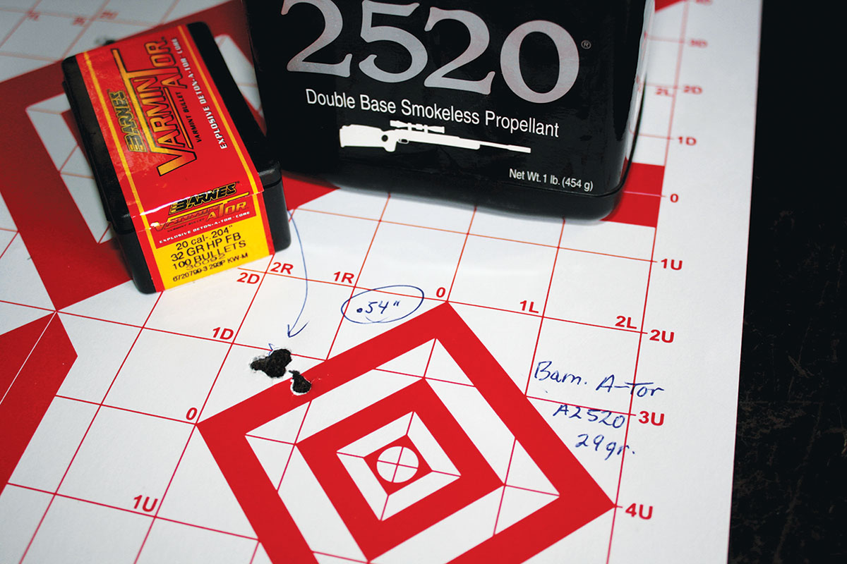 Combining 29 grains of Accurate A-2520 with Barnes’ 32-grain Varmin-A-Tor resulted in this .54-inch, five-shot, 100-yard group; the best with that bullet.