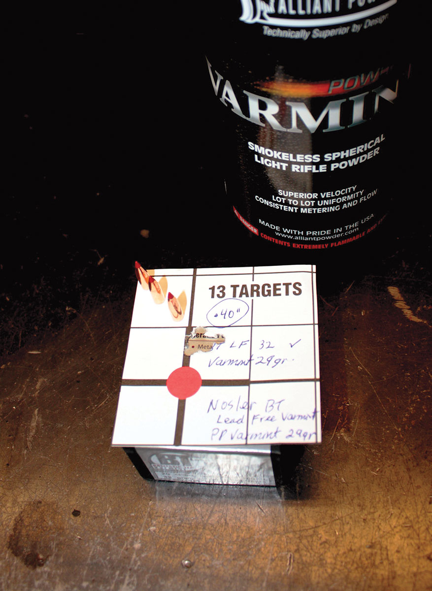 Nosler’s Ballistic Tip Lead Free 32-grain bullet paired best with Alliant’s Power Pro Varmint. This .40-inch group was created with 29.0 grains of powder.