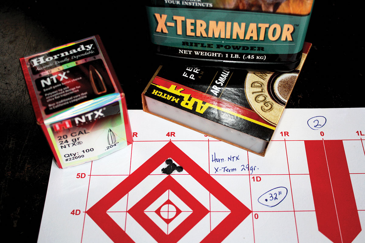 Ramshot’s X-Terminator produced the tightest five-shot, 100-yard group with Hornady’s 24-grain NTX (.32 inch) while using a 29-grain charge.