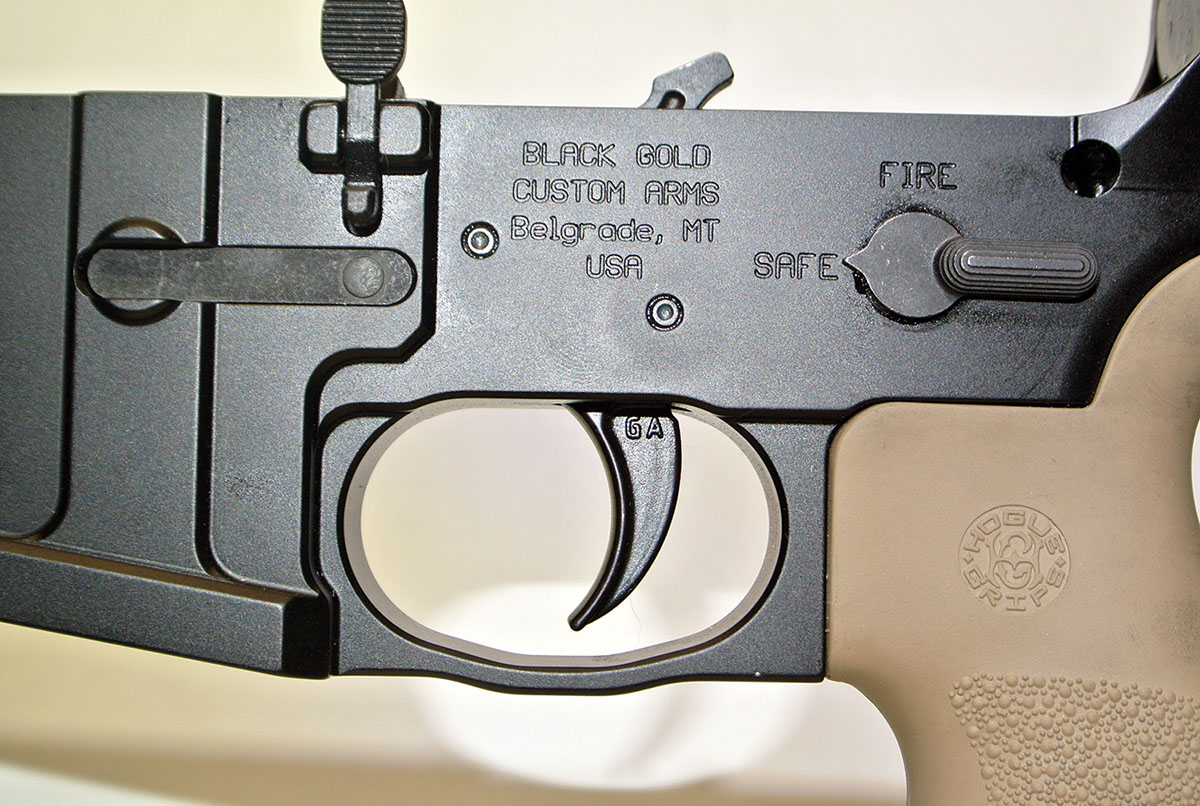 The Black Gold Custom Firearms Model MT-15 with a Geissele Hi-Speed National Match trigger and Hogue Overmolded grip. The two-stage trigger was set to a total pull weight of 1.9 pounds.