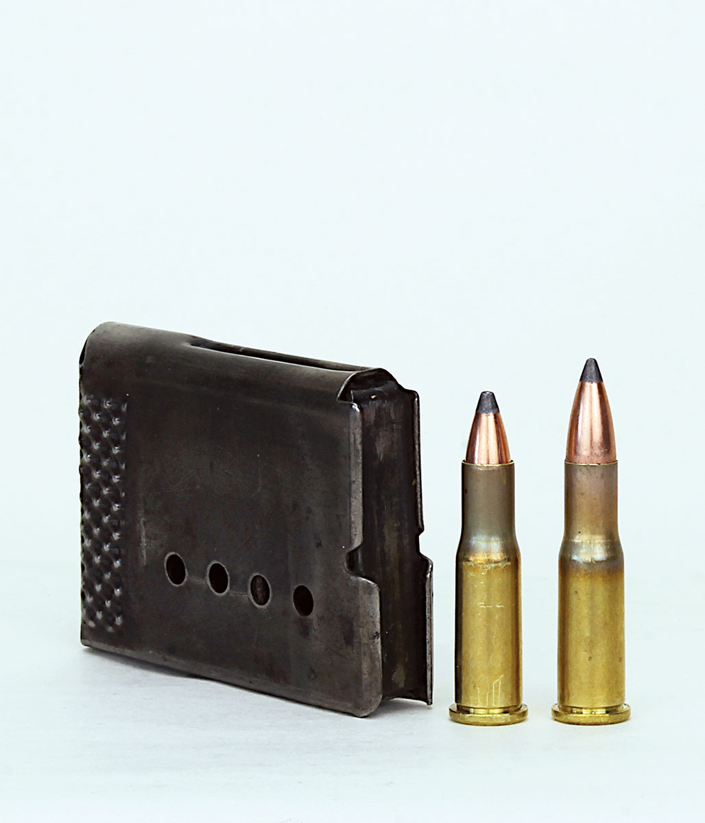 It was not possible to seat spitzer bullets deep enough to feed through the Savage 23B’s box magazine.