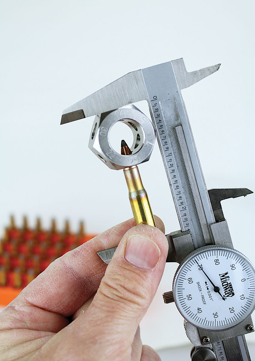 Measuring OAL to the bullet ogive with a Sinclair bullet comparator eliminates seating depth error caused by non-uniform bullet tips.