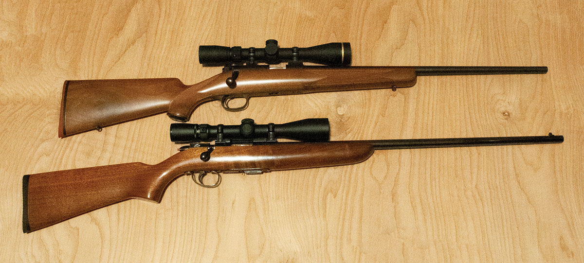 The Scoremaster (bottom) was first introduced in 1939. This 1954 vintage Model 511 came along much earlier than this newer Kimber .22 Classic (top), which shoots smaller groups than Scoremaster.