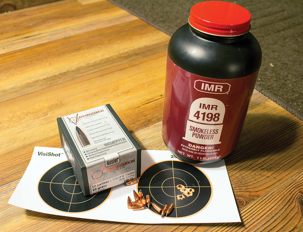 IMR-4198 and Nosler’s 20-grain Varmageddon bullet resulted in excellent 100-yard groups.