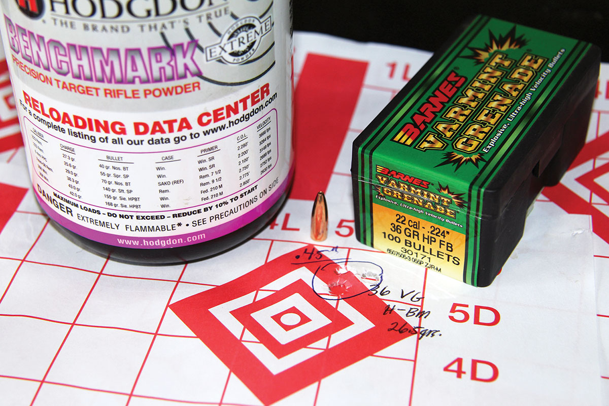 The Barnes 36-grain Varmint Grenade and 26.5 grains of Hodgdon Benchmark proved a good pairing, producing a .45-inch group at a sizzling 3,680 fps.