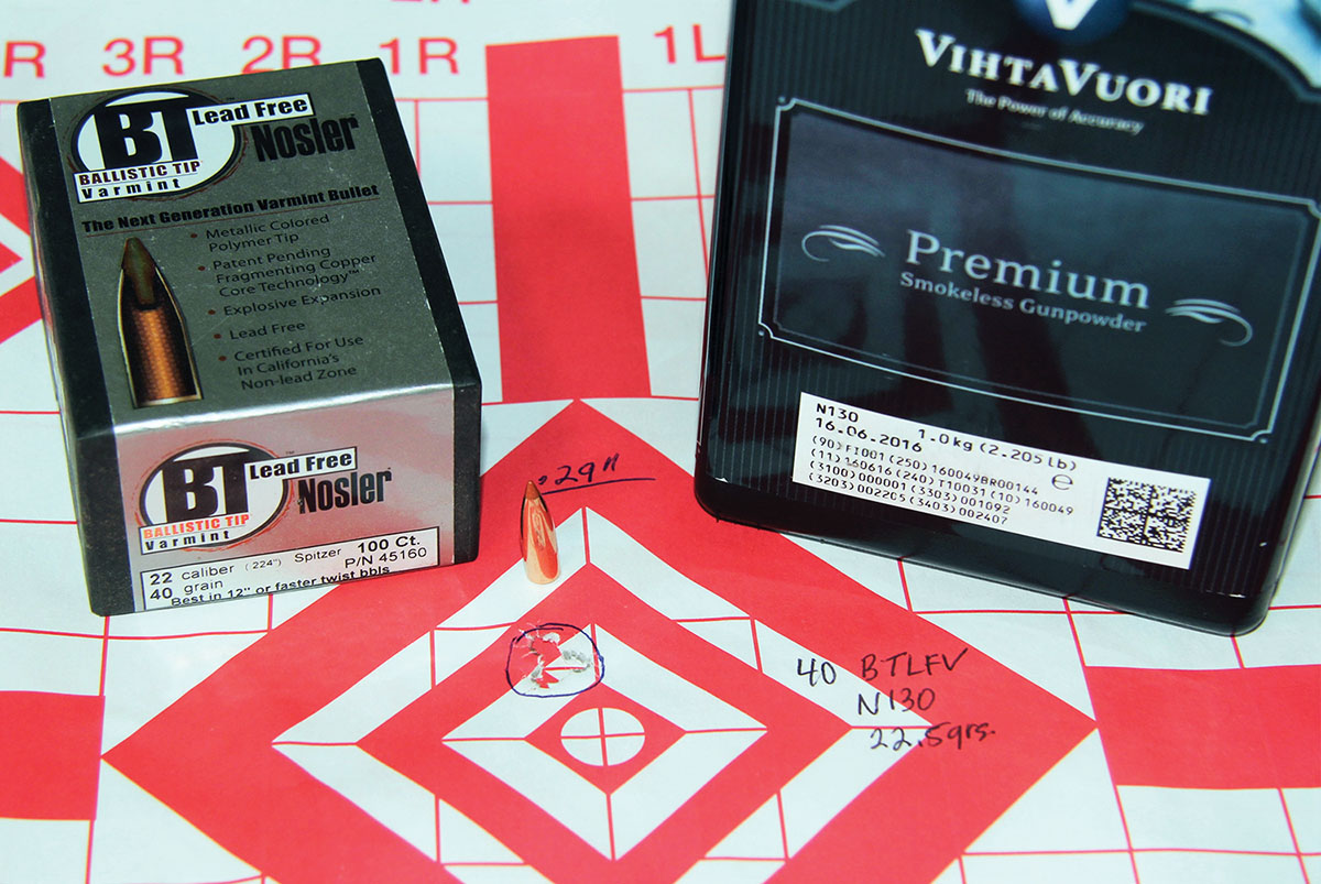 The smallest group formed during the nontoxic bullet test (.29 inch) resulted from 22.5-grains of Vihtavuori N130 beneath Nosler’s 40-grain Ballistic Tip Lead Free Varmint pushing 3,446 fps.