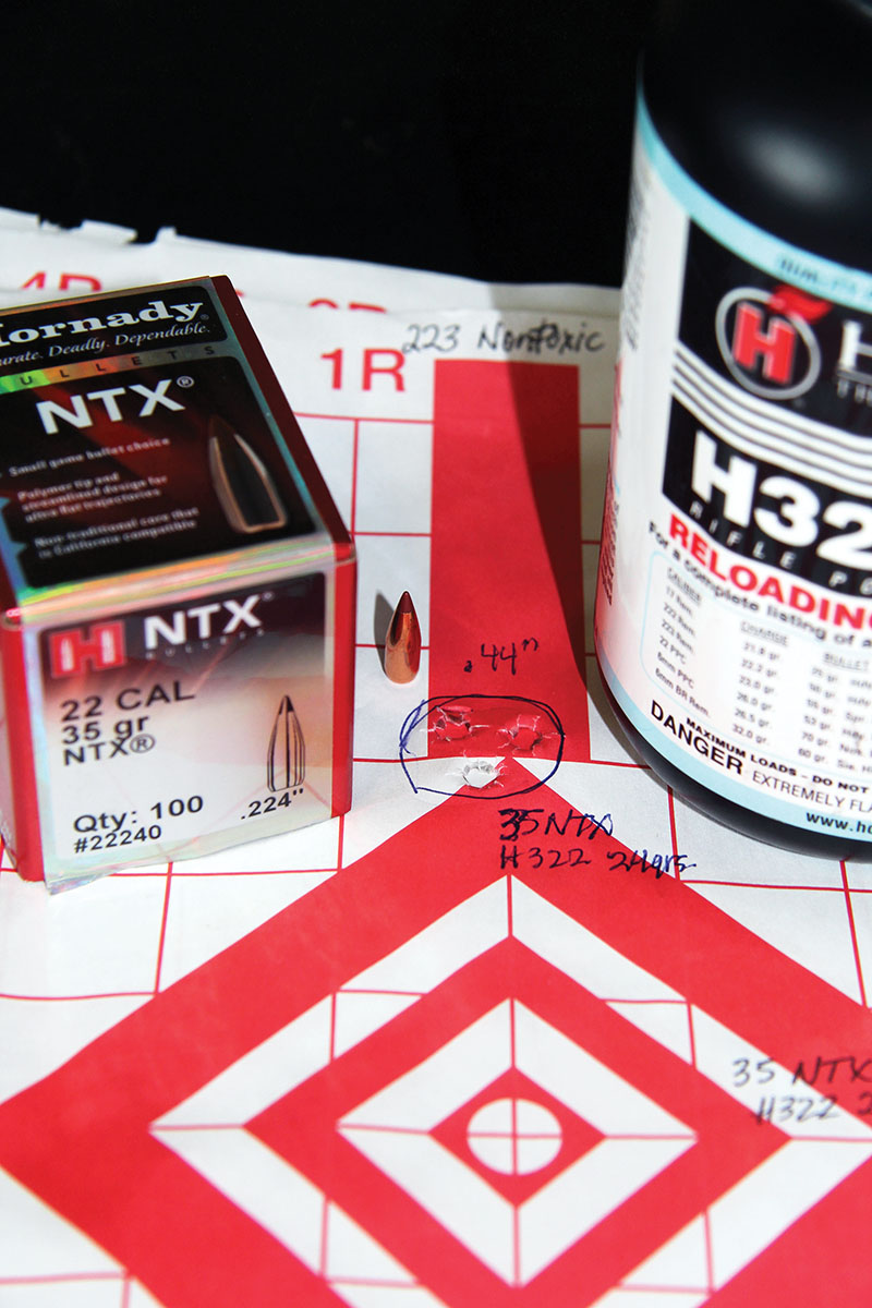 Hornady’s 35-grain NTX seated atop 24 grains of Hodgdon H-322 resulted in this .44-inch group at 3,284 fps.